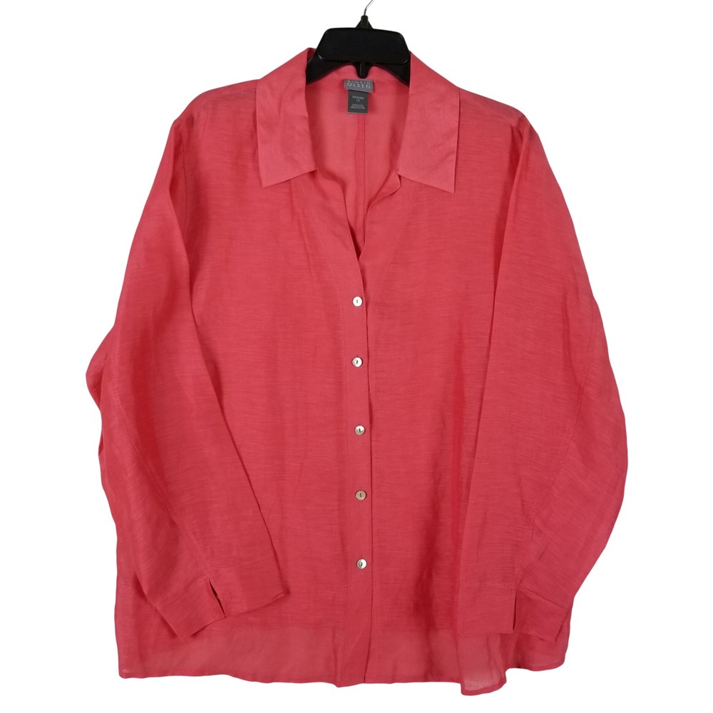 Sigrid Olsen Button Up Shirt Women 1X Coral Linen Silk Blend Long Sleeve Slub